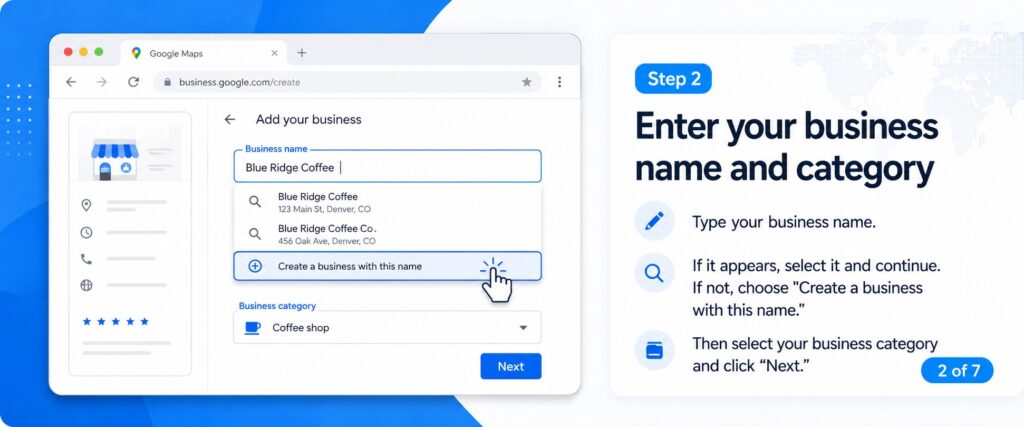 Step 2 of 7: Enter your business name and category